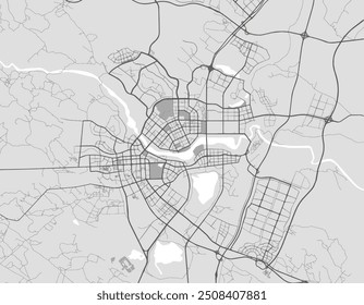 Vector city map of Ordos in the People's Republic of China with black roads isolated on a grey background.