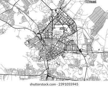 Vector city map of Orenburg in the Russian Federation with black roads isolated on a white background.