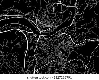 Vector city map of Ourense in Spain with white roads isolated on a black background.