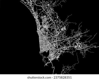 Mapa de la ciudad vector de Padang en Indonesia con carreteras blancas aisladas en un fondo negro.