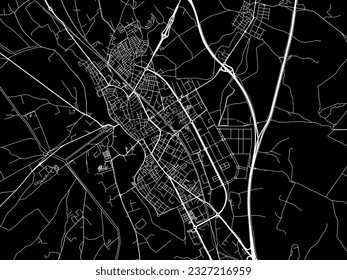 Mapa vectorial de Palencia en España con caminos blancos aislados en un fondo negro.