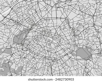 Mapa de la ciudad de Vector de París en Francia con carreteras negras aisladas en un fondo gris.