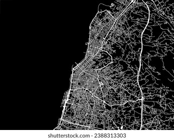 Vector city map of Patra in Greece with white roads isolated on a black background.