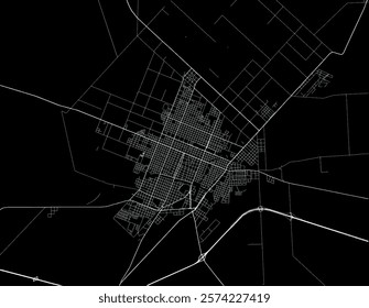 Vector city map of Pergamino in Argentina with white roads isolated on a black background.