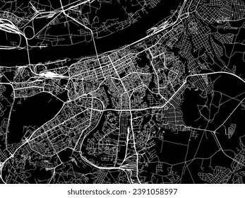 Mapa vectorial de Perm en la Federación Rusa con caminos blancos aislados en un fondo negro.