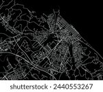 Vector city map of Pesaro in Italy with white roads isolated on a black background.