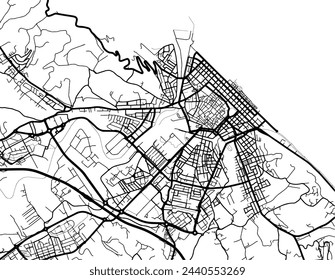 Vector mapa de la ciudad de Pesaro en Italia con carreteras negras aisladas sobre un fondo blanco.