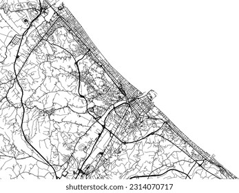 Mapa vectorial de Pescara en Italia con carreteras negras aisladas en un fondo blanco.