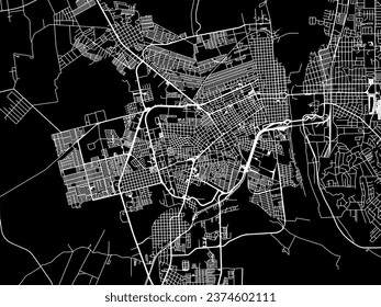 Vector city map of Piedras Negras in Mexico with white roads isolated on a black background.