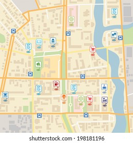 Vector city map with pin location pointers of services like hotel, hospital, supermarket, restaurant, park, shop, bus stop, library, theatre, cinema, garage or car parking.