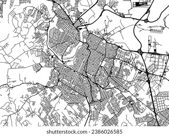 Mapa de la ciudad vectorial de Piracicaba en Brasil con carreteras negras aisladas en un fondo blanco.