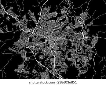 Mapa de la ciudad vectorial de Ponta Grossa en Brasil con caminos blancos aislados en un fondo negro.