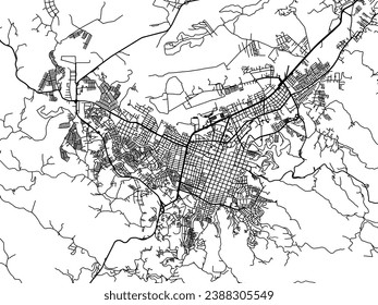 Vector city map of Popayan in Colombia with black roads isolated on a white background.