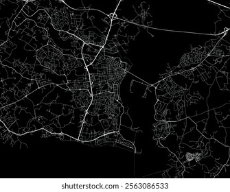 Vector city map of Portimao in Portugal Portimao with white roads isolated on a black background.