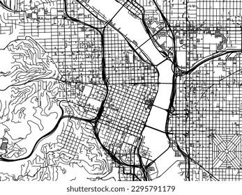 Mapa vectorial de la ciudad de Portland Center Oregon en los Estados Unidos de América con carreteras negras aisladas en un fondo blanco.