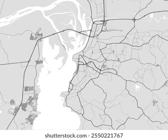 Mapa da cidade de Porto Alegre no Brasil com estradas pretas isoladas sobre um fundo cinza.