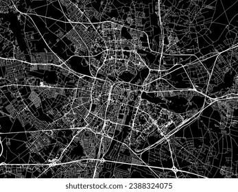 Stadtplan von Poznan in Polen mit weißen Straßen einzeln auf schwarzem Hintergrund.