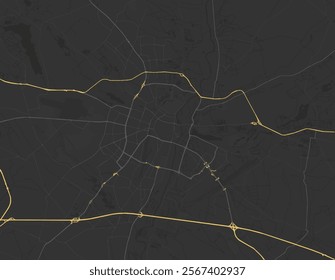 Vector city map of Poznan in Poland with yellow roads isolated on a brown background.