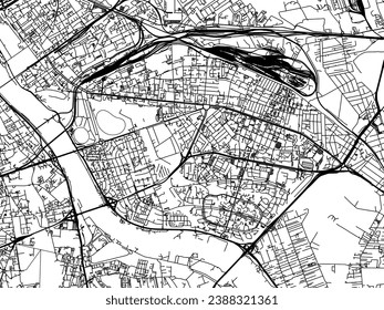 Mapa vectorial de la ciudad de Praga Poludnie en Polonia con carreteras negras aisladas en un fondo blanco.