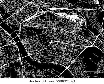 Vector city map of Praga Poludnie in Poland with white roads isolated on a black background.