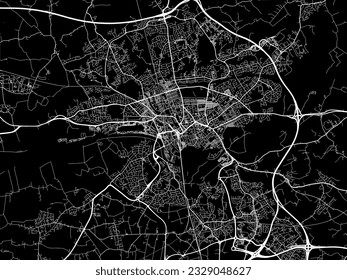 Mapa vectorial de Preston en el Reino Unido con carreteras blancas aisladas en un fondo negro.
