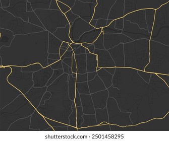 Mapa Vector de la ciudad de Pune en la República de la India con carreteras amarillas aisladas sobre un fondo marrón.