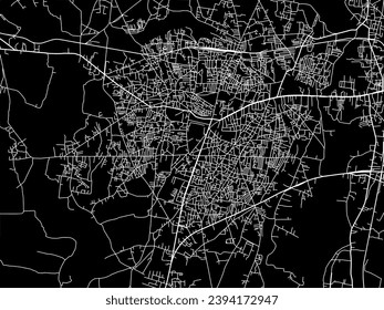 Mapa de la ciudad vectorial de Purnia en la República de India con caminos blancos aislados en un fondo negro.