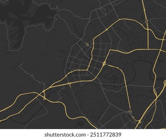 Vector city map of Putian in the People's Republic of China with yellow roads isolated on a brown background.