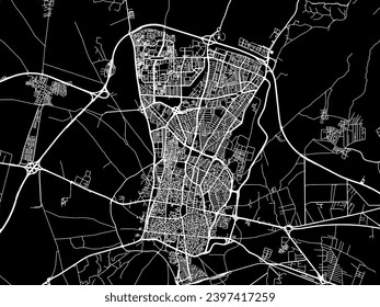 Vector city map of Qazvin in Iran with white roads isolated on a black background.