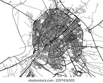 Vector city map of Qom in Iran with black roads isolated on a white background.