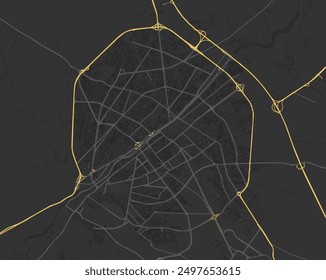 Vector city map of Qom in Iran with yellow roads isolated on a brown background.