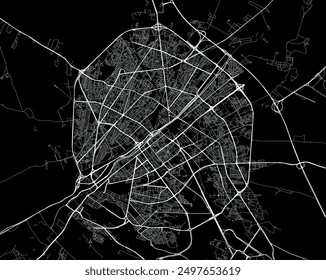 Vector city map of Qom in Iran with white roads isolated on a black background.