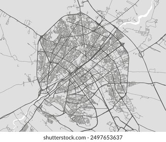 Vector city map of Qom in Iran with black roads isolated on a grey background.