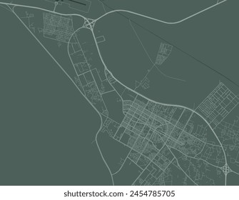 Mapa de Vector de la ciudad de Qurayyat en el Reino de Arabia Saudita con carreteras blancas aisladas sobre un fondo verde.