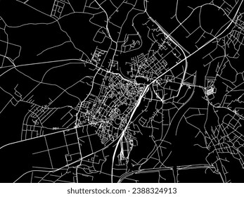 Mapa vectorial de la ciudad de Raciborz en Polonia con caminos blancos aislados en un fondo negro.