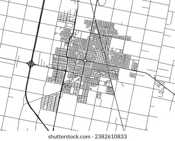 Mapa vectorial de Rafaela en Argentina con carreteras negras aisladas en un fondo blanco.