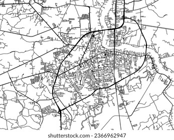Mapa de la ciudad vector de Ratchaburi en Tailandia con carreteras negras aisladas en un fondo blanco.