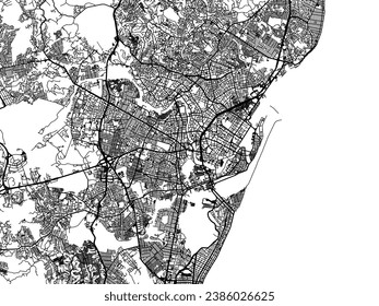 Mapa vectorial de Recife en Brasil con carreteras negras aisladas en un fondo blanco.