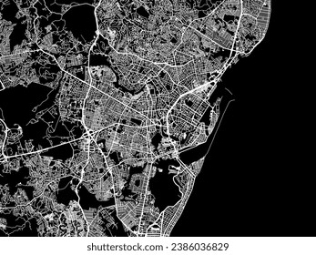 Mapa vectorial de Recife en Brasil con caminos blancos aislados en un fondo negro.