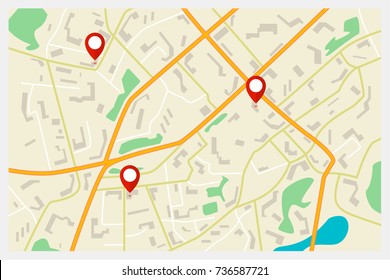 Vector city map with red markers