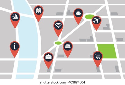 Vector city map with red pin points