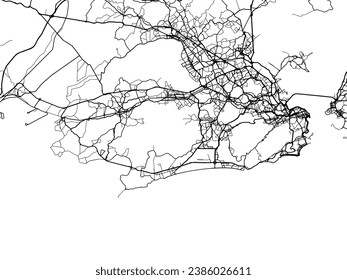 Mapa vectorial de la ciudad de Río de Janeiro en Brasil con carreteras negras aisladas en un fondo blanco.