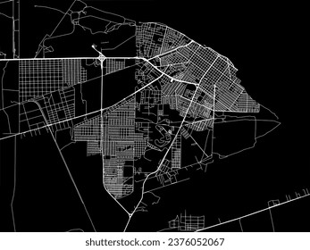 Stadtplan von Rio Gallegos in Argentinien mit weißen Straßen einzeln auf schwarzem Hintergrund.