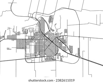Mapa de la ciudad vectorial de Río Tercero en Argentina con caminos negros aislados en un fondo blanco.
