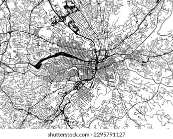 Mapa vectorial de la ciudad de Roanoke Virginia en los Estados Unidos de América con carreteras negras aisladas en un fondo blanco.