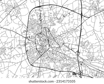 Mapa vectorial de la ciudad de Roeselare en Bélgica con carreteras negras aisladas en un fondo blanco.