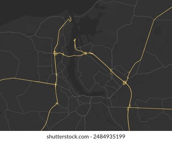 Mapa de la ciudad de Vector de Rostock en Alemania con carreteras amarillas aisladas sobre un fondo marrón.