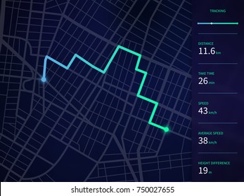 Vector city map with route and data interface for gps navigation and tracker app. Roadmap navigators UI, navigation plan vector illustration