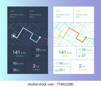 Stadtplan mit Routen- und Datenschnittstelle für GPS-Navigations- und Tracker-App. Vektorgrafik