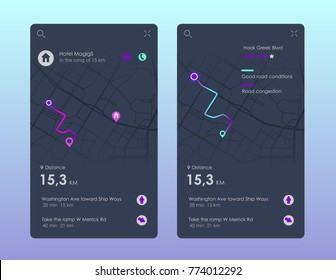 Vector city map with route and data interface for gps navigation and tracker app. Vector illustration